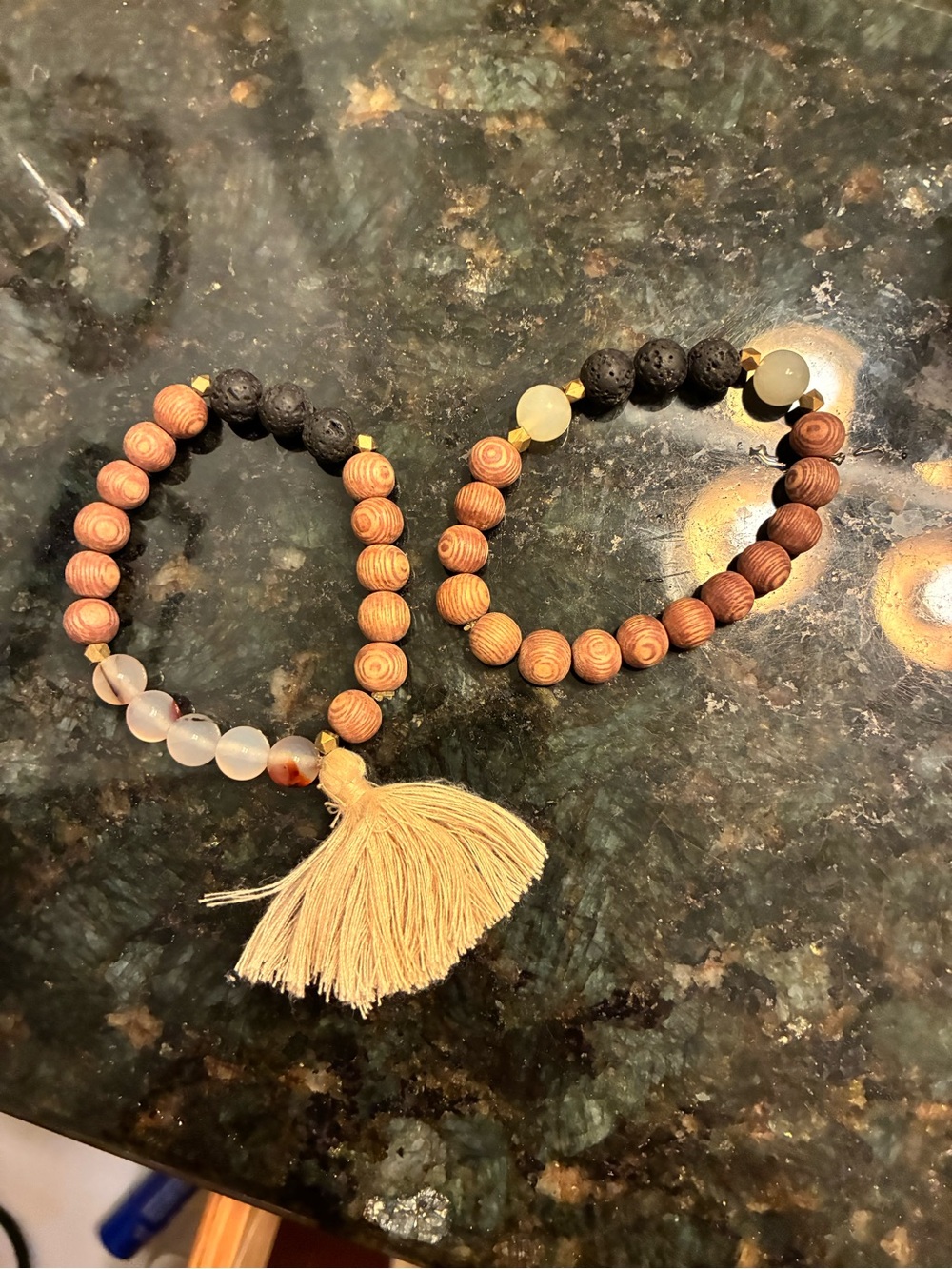Beaded Wood and Stone essential oils Tassel Bracelet - Natural Brown